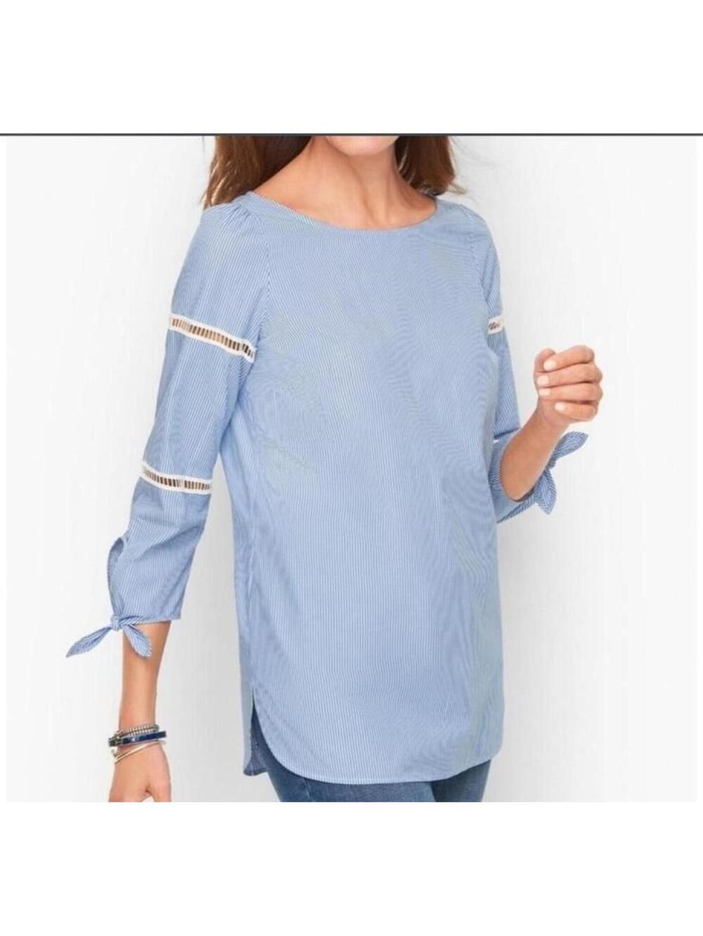 Talbots Blue White 100% Cotton Striped Poplin Top Eyelet Tie Cuff Sleeve Large